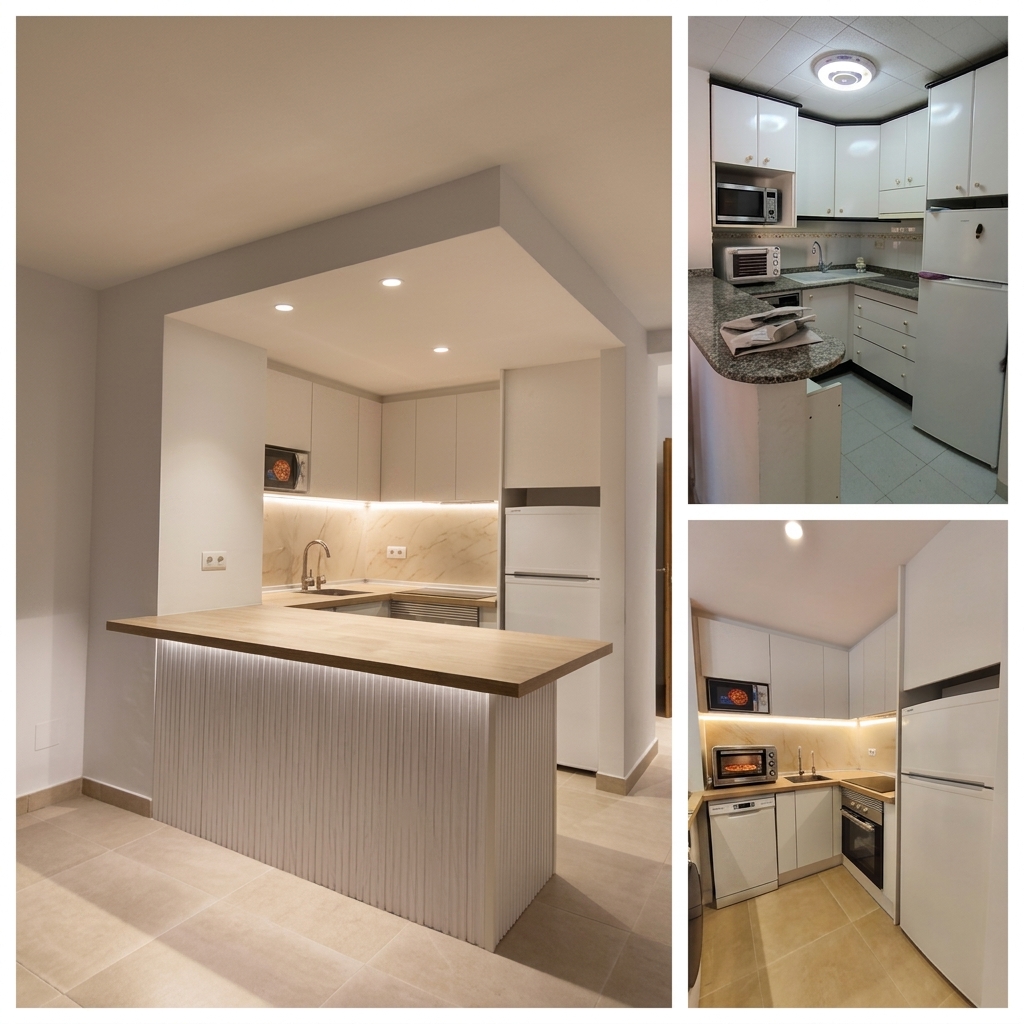 Cocina integral reformada, con barra de madera e iluminación integrada